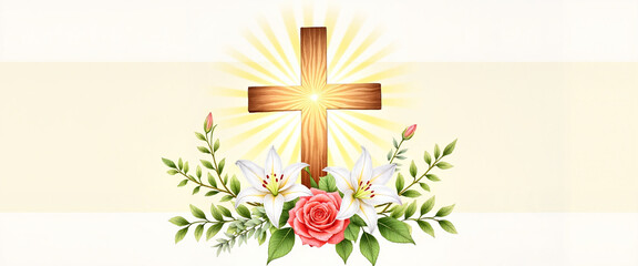 Wooden cross with flowers and radiant light