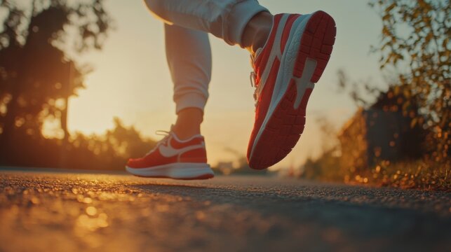 Persona corriendo al atardecer con zapatillas deportivas rojas