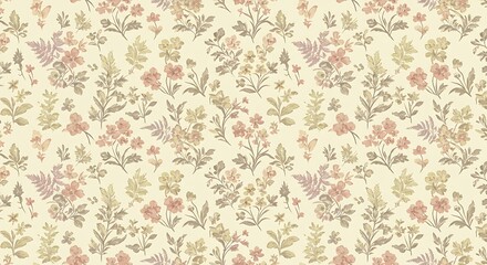 Fototapeta premium Vibrant floral pattern on a soft cream background with delicate pink and green flowers, concept for wallpaper design, textile print and interior decoration