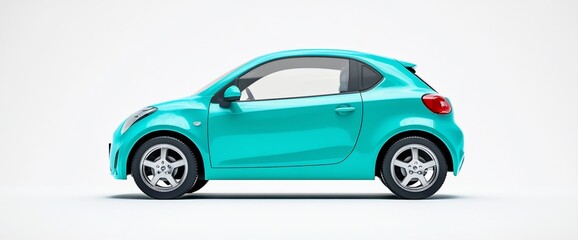 A side view of a turquoise compact car on a plain background.