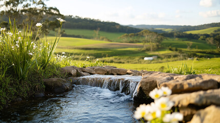 Serenity in nature with a flowing stream surrounded by lush greenery and blooming flowers in the countryside