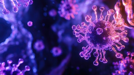 Obraz premium Viral particles illuminated under UV light, swirling with glowing DNA strands, viruses, genetic engineering theme
