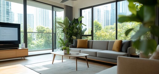 Modern living room with city view, sofa, plants, and large windows.