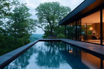 Modern home infinity pool overlooking tranquil forest.