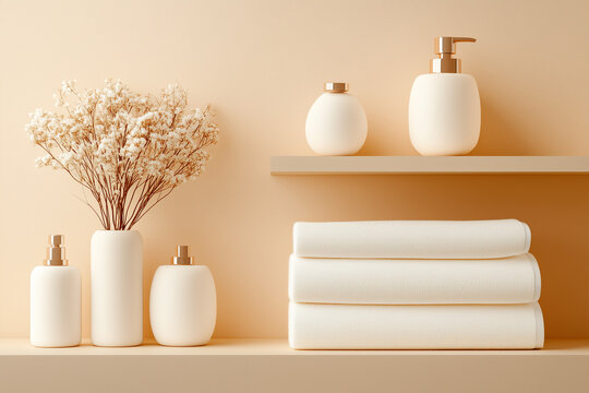 Bathroom Shelf with White Ceramic Bottles, Dried Flowers, and Towels