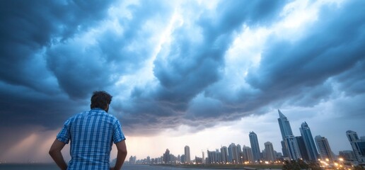 Man watching dramatic stormy sky over skyscrapers by the coast.