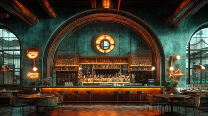 Obraz premium Luxurious teal and copper bar interior with arched alcove, lighting, and seating.