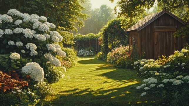 Jard&iacute;n con flores y cobertizo de madera