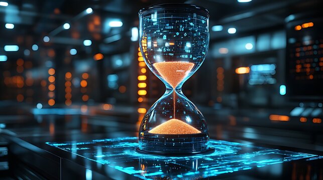 Futuristic hourglass with glowing digital sand, symbolizing time and technology. - Powered by Adobe
