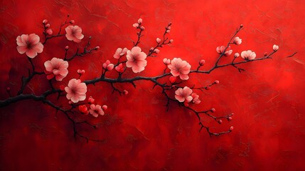 Vibrant Cherry Blossom Branches on a Textured Red Canvas