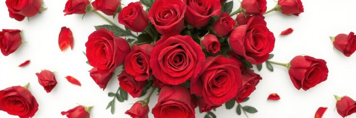 Obraz premium A vibrant bouquet of red roses, isolated on a pure white background, passion, vibrant, red roses