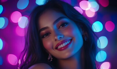 A smiling woman with vibrant bokeh lights in the background.
