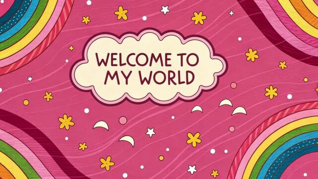 Bubblegum Background A hot pink background laden with animated swirling rainbow graphics. Centered is a flashing text box that announces Welcome to My World in bright yellow bubble