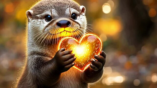 An adorable baby otter with big eyes and a sweet smile is holding a heart in its paws, looking lovingly at the viewer