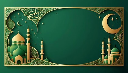 Ramadan Kareem Elegant Green and Gold Mosque Silhouette with Arabic Calligraphy