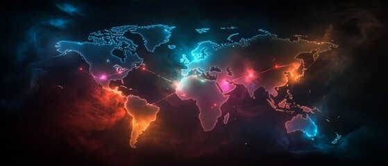 Glowing world map with interconnected nodes.