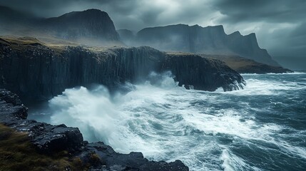 Obraz premium A stormy coast with waves breaking on the cliffs