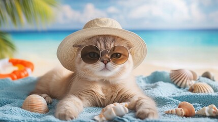 Fototapeta premium A stylish cat in sunglasses and a hat relaxing on a beach setting.
