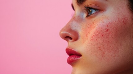 Focusing on a woman\'s profile with noticeable acne rosacea this capture emphasizes skin imperfections against a soft pink background suitable for discussions on skincare and cosmetology