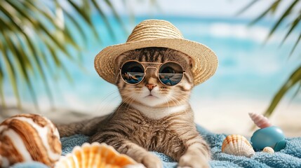 A stylish cat wearing sunglasses and a straw hat on a beach setting.