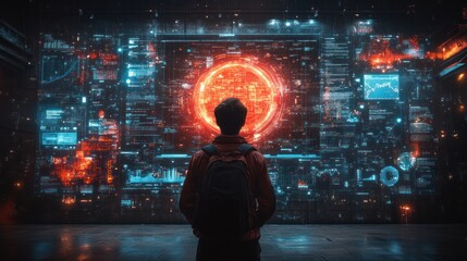 A person gazes at a futuristic digital display with vibrant graphics and data visualizations.