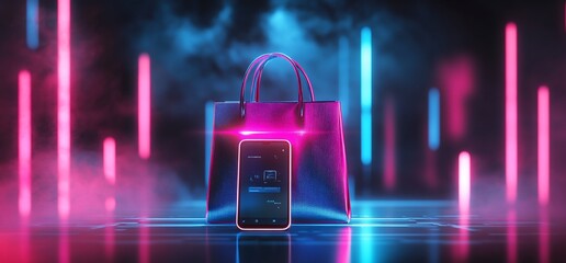 A stylish handbag with a smartphone, illuminated by colorful neon lights.