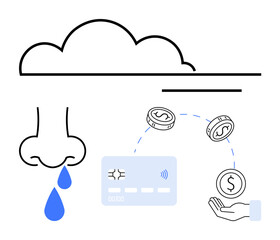 Nose with two blue water drops, cloud line, payment card, hand receiving coins. Ideal for financial literacy, health awareness, online transactions, cloud computing, medical expenses digital