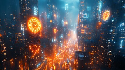 Fototapeta premium Futuristic cityscape at night, glowing clocks on skyscrapers, vibrant orange and blue lights.
