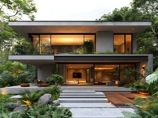 A minimalist house made of concrete, with two floors, a terrace, and wooden elements