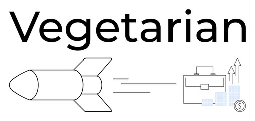 Rocket flying towards icons of briefcase, buildings, and arrow to depict business growth under Vegetarian text. Ideal for business presentations, growth, strategy, innovation, minimalism, marketing