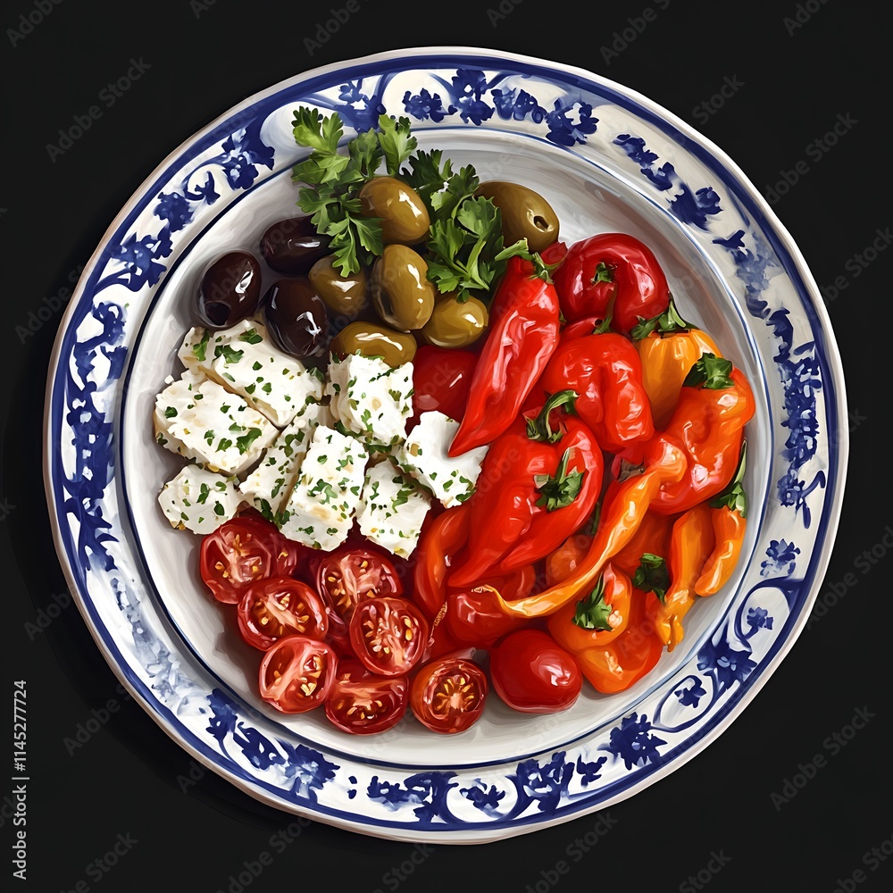 Wall mural Overhead view of a vibrant platter featuring olives, feta cheese, roasted red peppers, and cherry tomatoes.