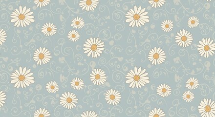 Whimsical floral pattern.  Light blue background.  Vintage daisies with swirls. Decorative illustration.  Repeating flower design.