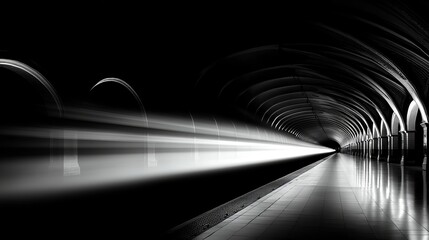 Black-and-white shot of an abandoned train platform with overgrown tracks, a haunting stillness under a cloudy night sky