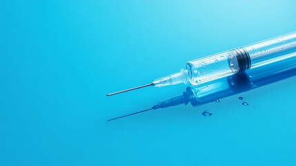A syringe with a clear liquid on a blue background, reflecting light.