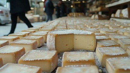 Cheese Mold. Square cheese blocks with mold on market table, food sale