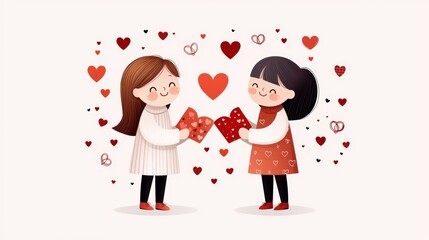 Two friends exchanging Valentine cards, heart vector elements, cheerful vibe, isolated white background