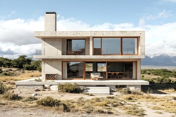 A minimalist house made of concrete, with two floors, a terrace, and wooden elements