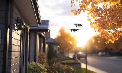 Drones flying near suburban homes during autumn sunset.