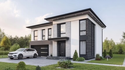 A sleek modern house featuring a stylish design with a car parked prominently in front, showcasing contemporary architecture and lifestyle.