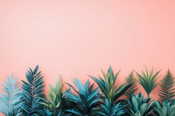 A vibrant array of various plants displayed against a soft pink background, showcasing their diversity and beauty.