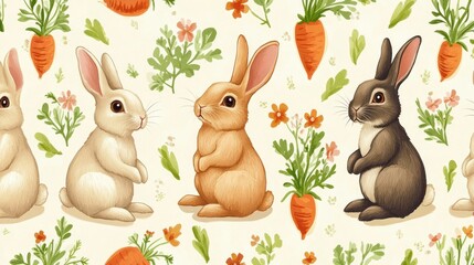Three cute bunnies with carrots and flowers.
