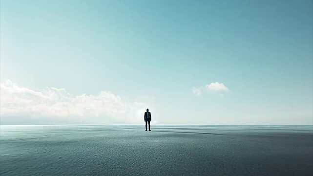 Pushing towards man's tiny dark silhouette and shadow at bottom of frame against a plain barren dry lake bed landscape and sky representing isolation.
