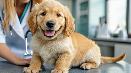 The fluffy golden retriever puppy wagged its tail excitedly as the veterinarian gently examined its ears, teeth, and paws