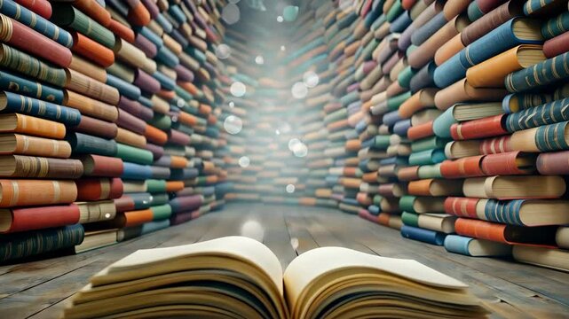 The image captures the cozy ambiance of an ancient bookstore, with shelves filled to the brim with colorful books stacked haphazardly
