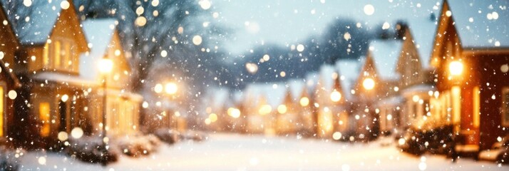 Obraz premium Snowy winter night scene of illuminated houses.