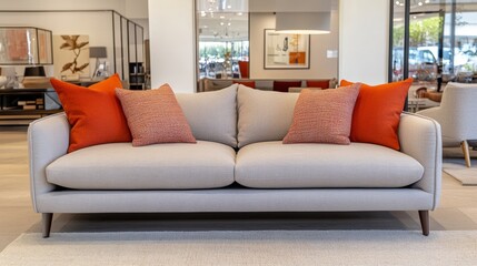 A cozy room features a couch adorned with two decorative pillows, creating a comfortable and inviting atmosphere.