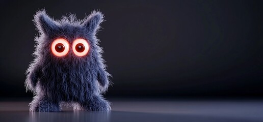 Fototapeta premium Cute fluffy monster with glowing eyes on dark background.