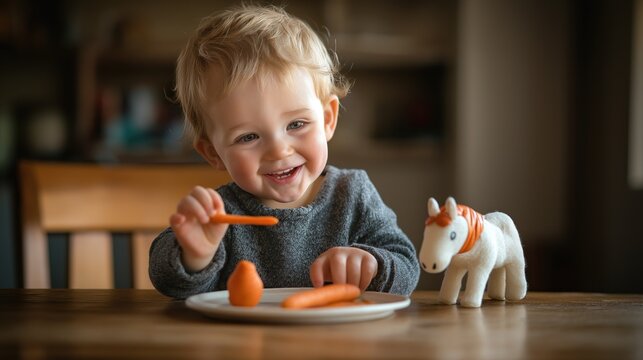 A cheerful toddler boy smiles as he reaches out to place a carrot on a small plate preparing for St Nicholas Day. A toy horse sits beside him creating a festive atmosphere in soft lighting