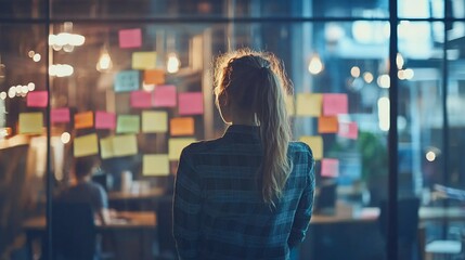 Woman reviewing sticky notes on glass wall.