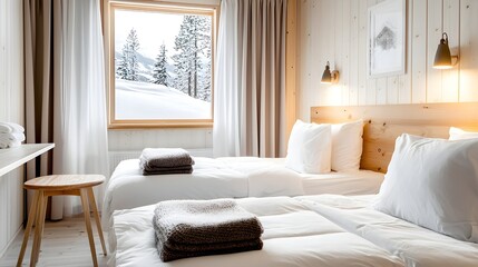 Scandinavian-inspired hostel room, light wood furniture, neutral hues, plush woolen throw on the bed, warm sunlight, cozy yet modern aesthetic